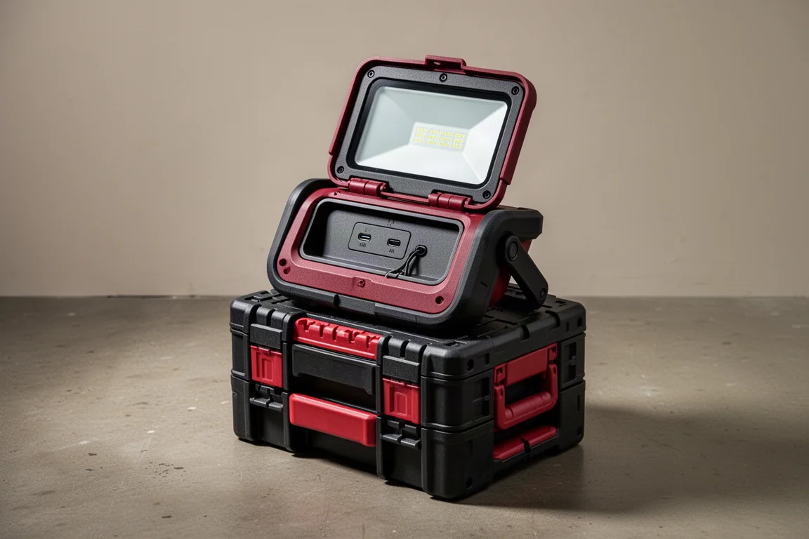 Milwaukee M12 PACKOUT flood light and USB charging center on a workshop floor