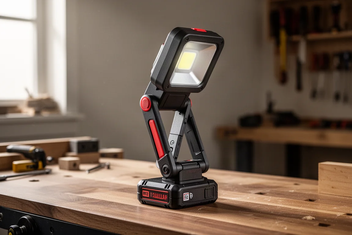 Compact M12 work light with folding head on a workshop bench