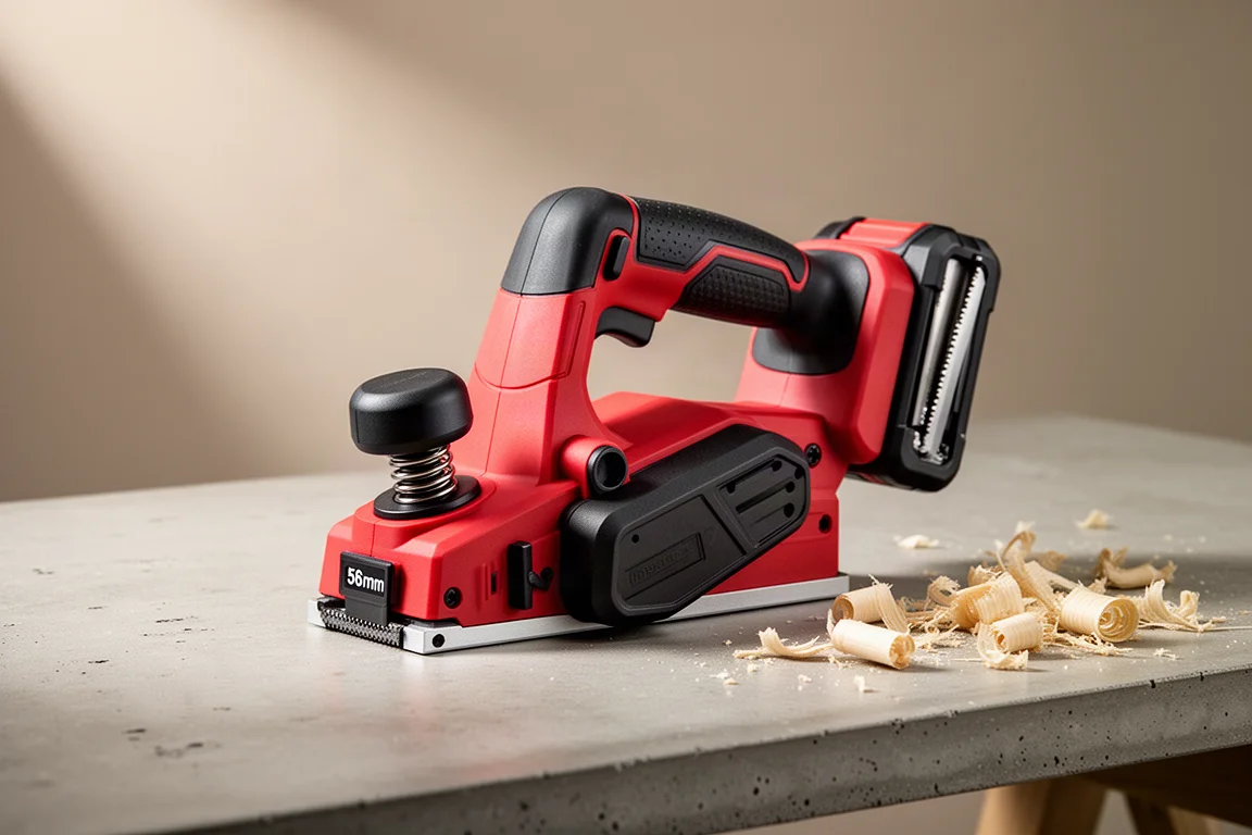 Compact red and black cordless planer on a workbench with wood shavings