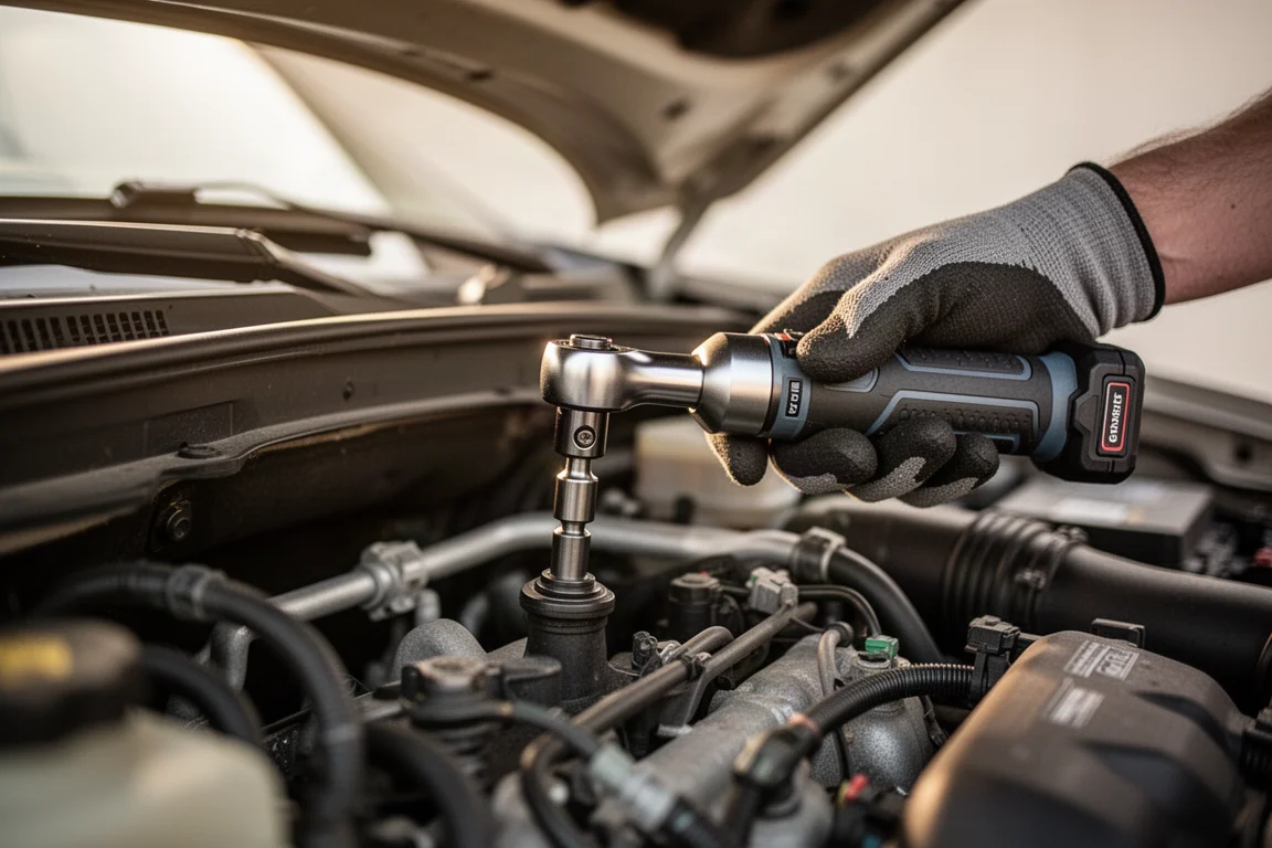 Compact cordless power ratchet held over an engine bay with its slim head reaching a fastener
