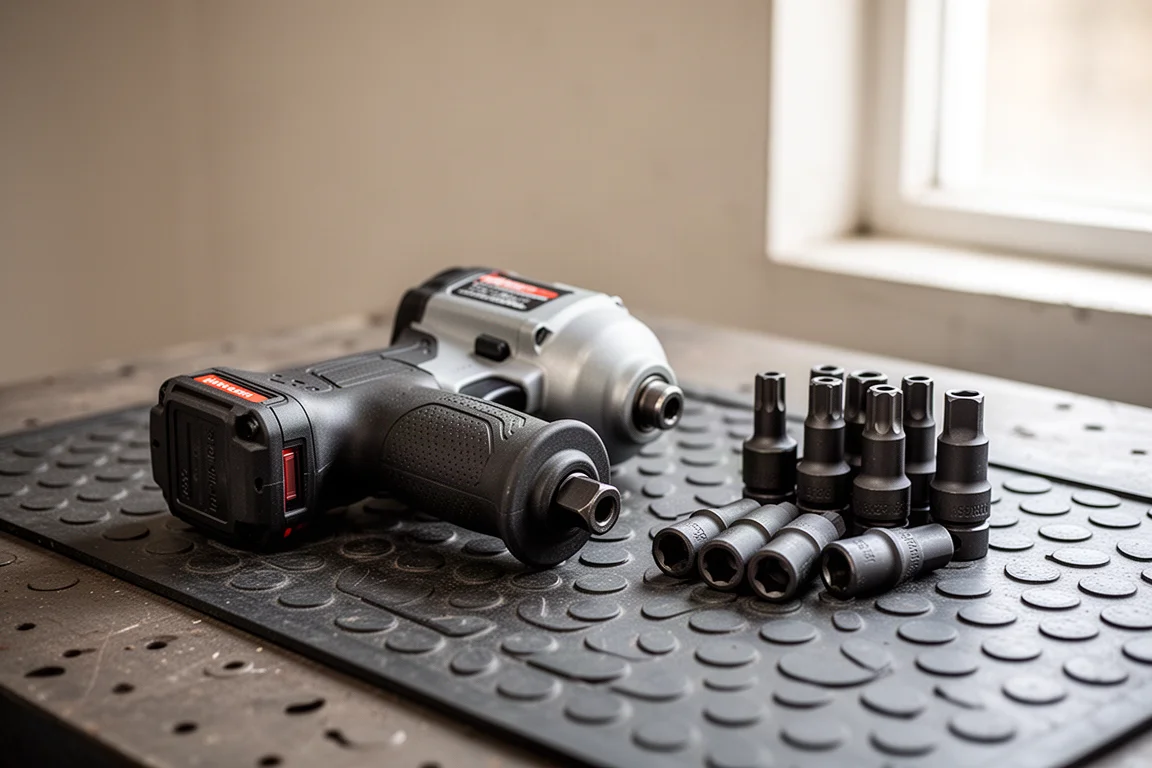Stubby cordless impact wrench resting on a workbench beside impact sockets