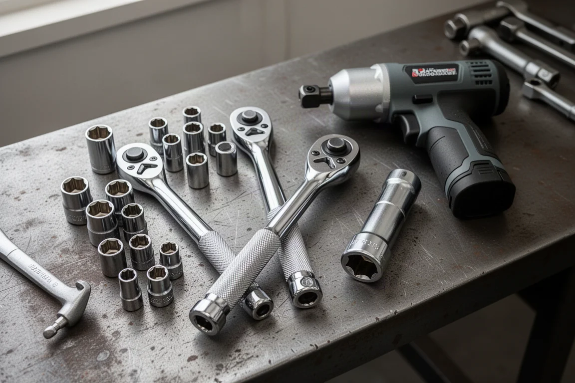Budget cordless ratchet and manual ratchets laid out on a workshop bench