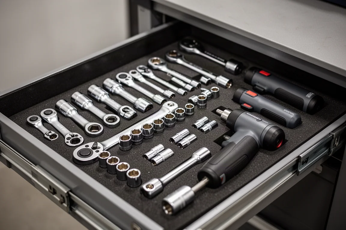 Mechanic's open tool drawer organized with ratchets, sockets and compact cordless tools