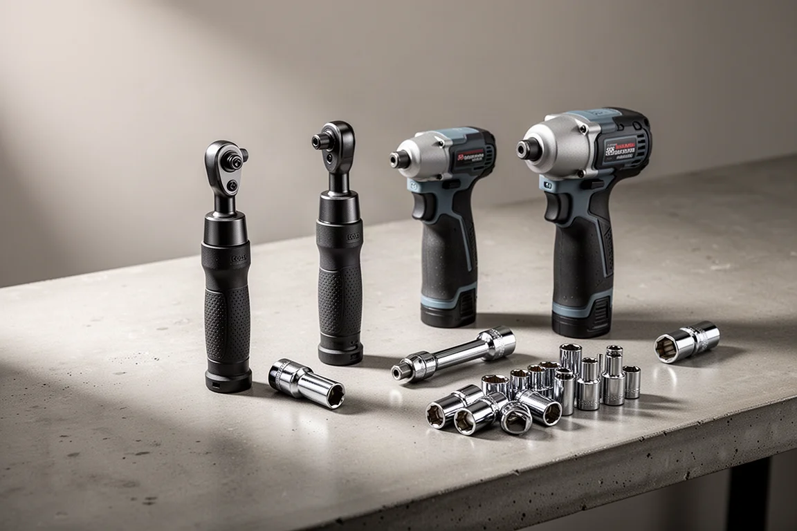 Compact power ratchets, a stubby impact wrench and sockets arranged on a concrete workbench