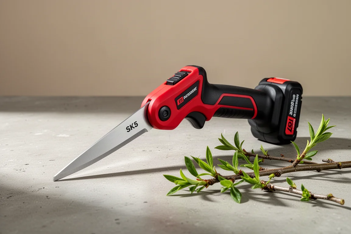 Compact cordless pruning shears with battery pack on concrete beside cut branches