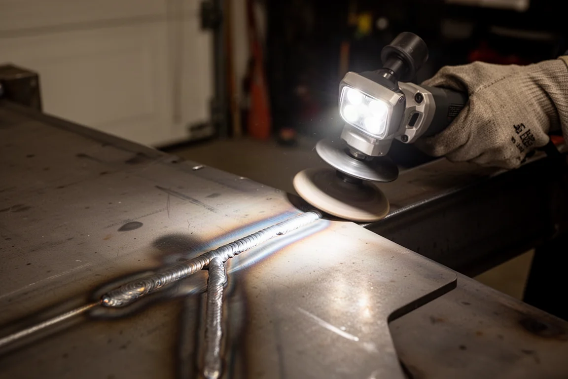 Travail de fabrication métallique en cours avec une meuleuse lissant un cordon de soudure