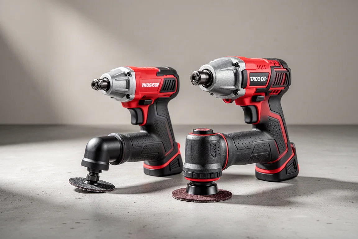 Two compact cordless right angle die grinders side by side on a concrete surface