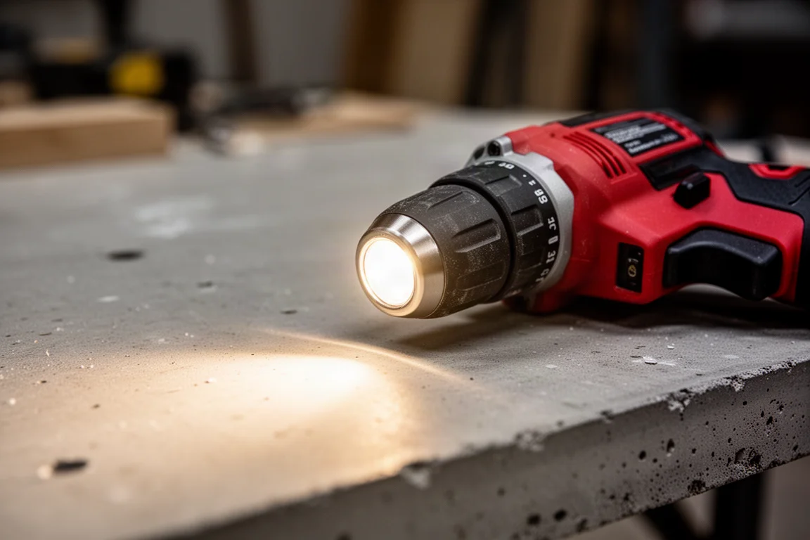 Close-up de uma luz de trabalho LED potente em uma furadeira angular iluminando uma superfície de trabalho