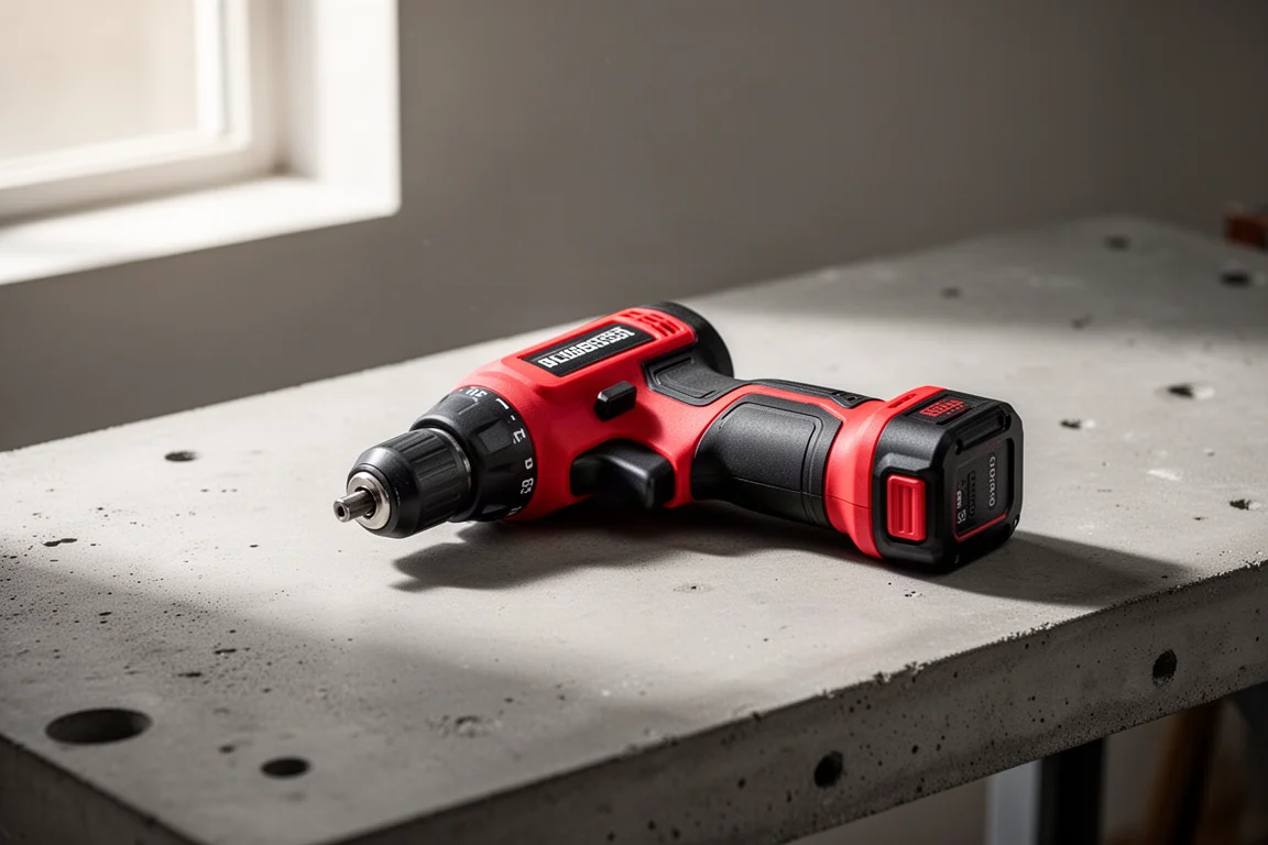 Compact red and black cordless right angle drill on a concrete workbench