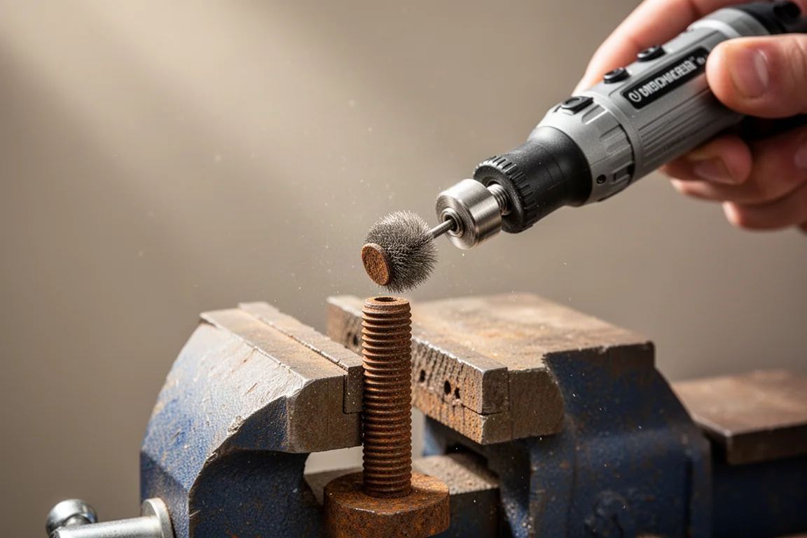 Nahaufnahme: Hände reinigen mit einem kleinen Multifunktionswerkzeug einen rostigen Schraubbolt im Schraubstock
