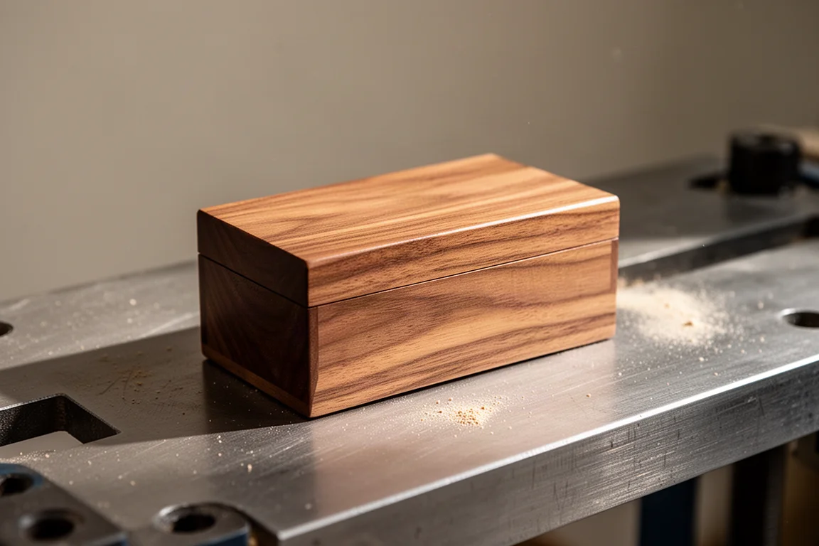 Kleine fertige Holzdose mit glatter, beizbereiter Oberfläche