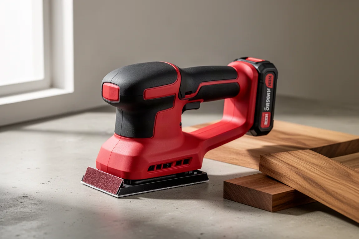 Compact cordless M12 sander with battery pack on a concrete surface beside hardwood offcuts
