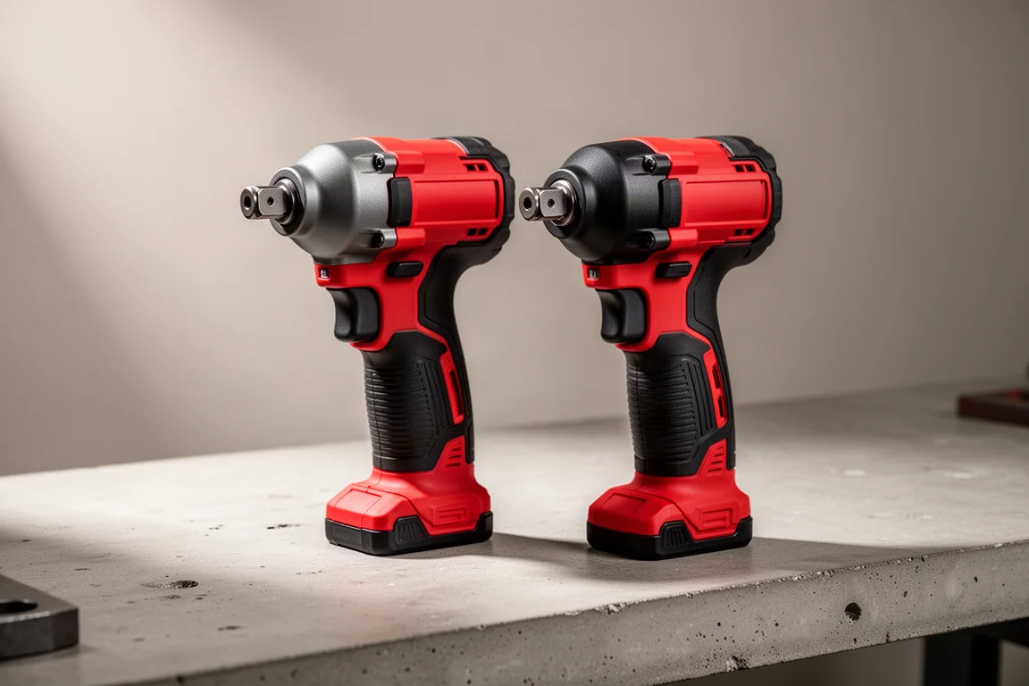 Two compact Milwaukee M12 Stubby impact wrenches side by side on a concrete workbench