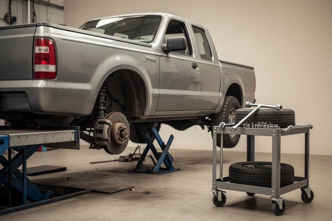 Monteur wisselt banden van een pick-up truck in een werkplaats