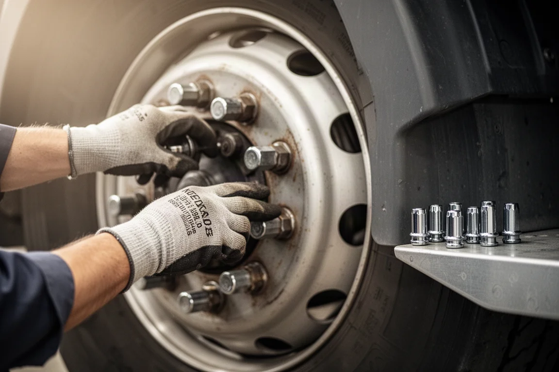 Close-up van handen in handschoenen die een wiel op de spilpenen zetten