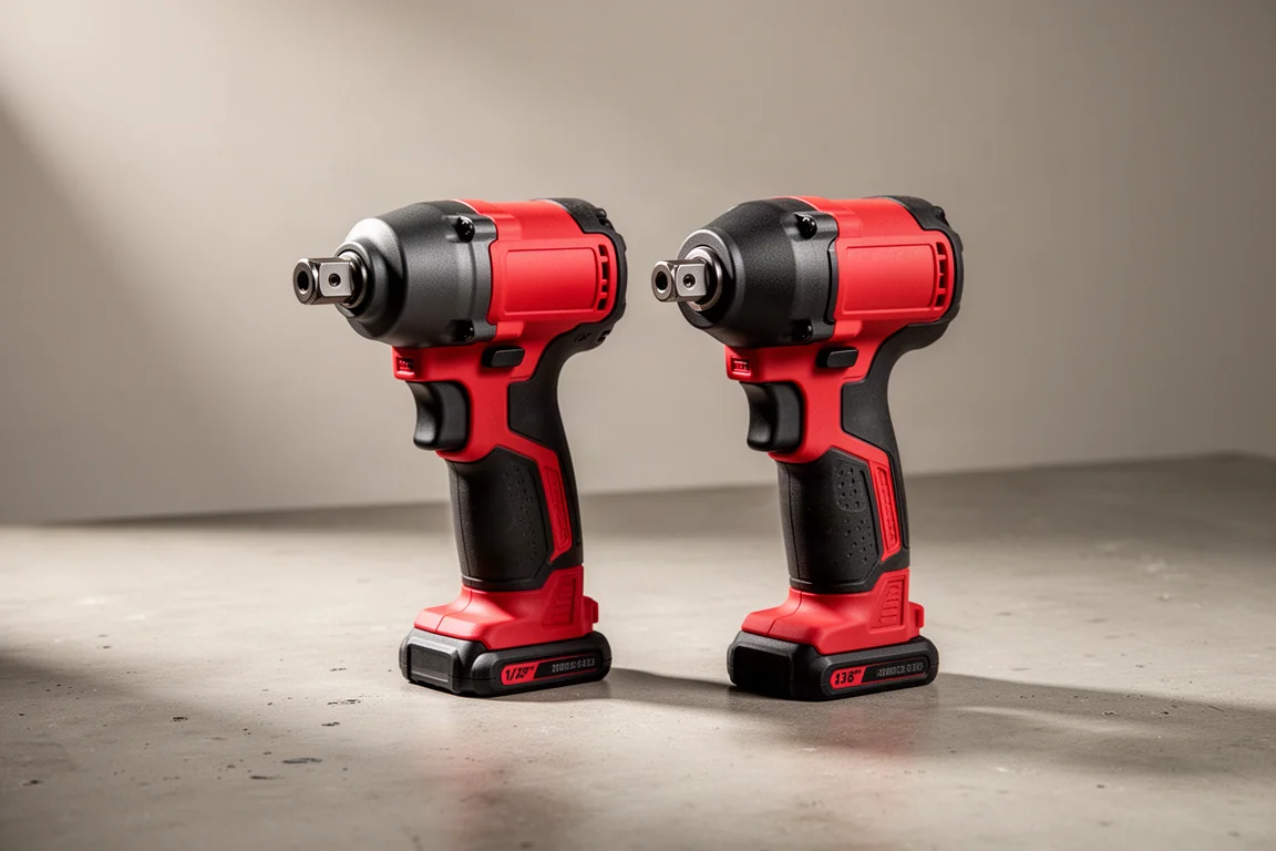 Two compact Milwaukee M12 Stubby impact wrenches side by side on concrete