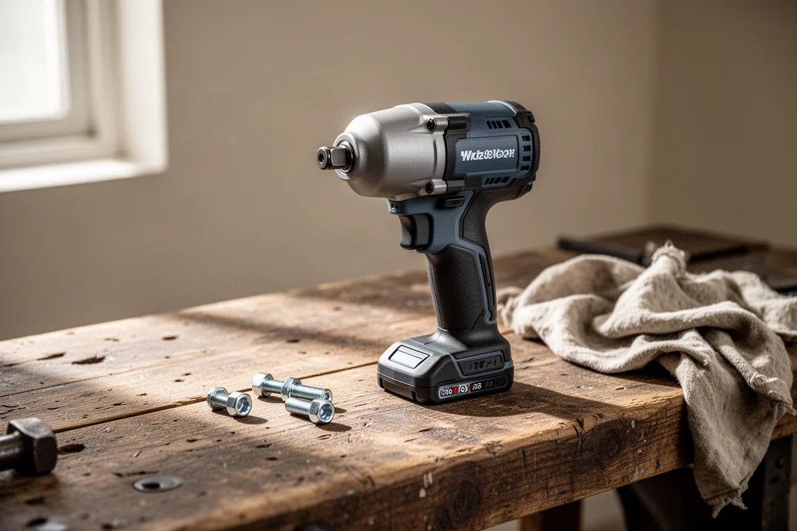 Compact stubby impact wrench resting on a workshop bench with loose fasteners