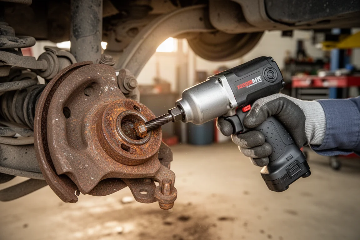 Cordless impact wrench loosening a bolt on a car suspension component
