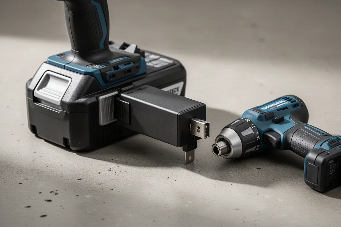 Battery adapter connected between a large battery pack and a small tool