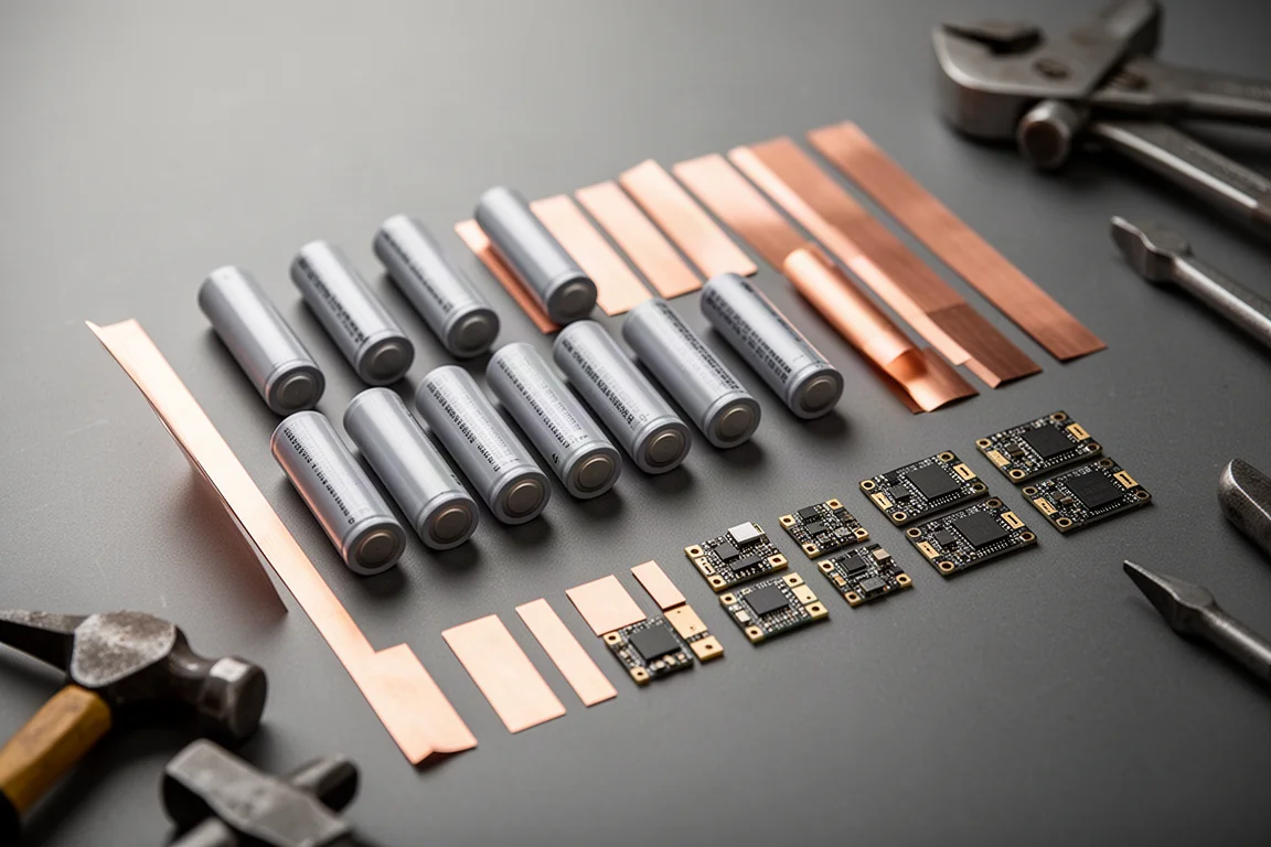 Rows of lithium battery cells and copper bus strips laid out on a bench