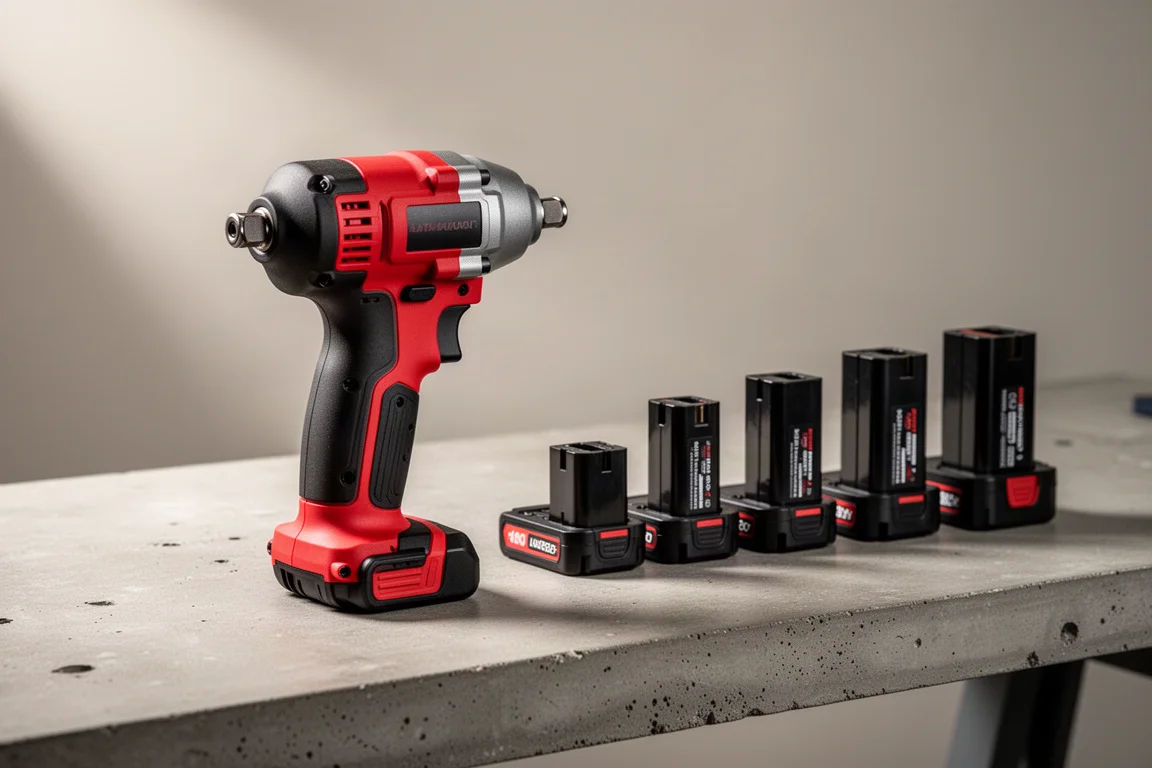 Compact red and black impact wrench beside a row of battery packs on concrete