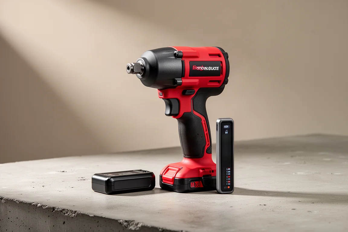 Compact red and black cordless impact wrench standing on concrete beside a battery pack