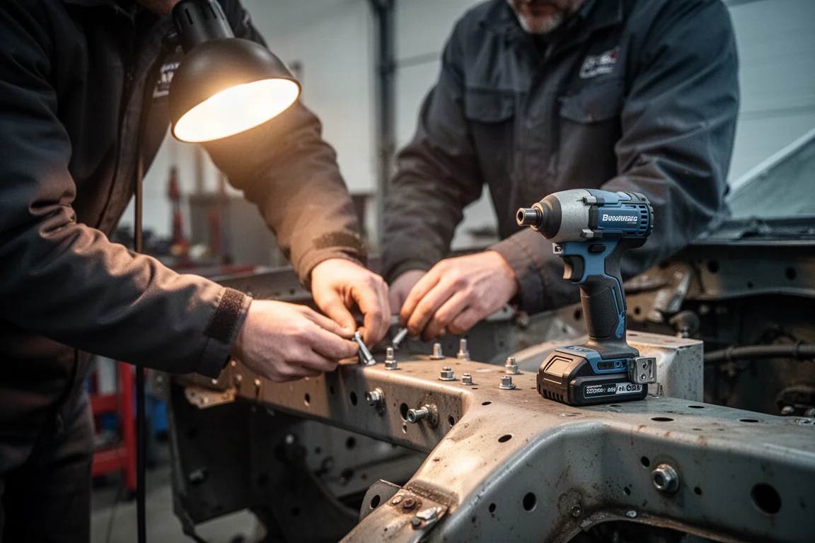Mechaniker wartet Ausrüstung an einem Fahrgestell in einer dunklen Werkstatt