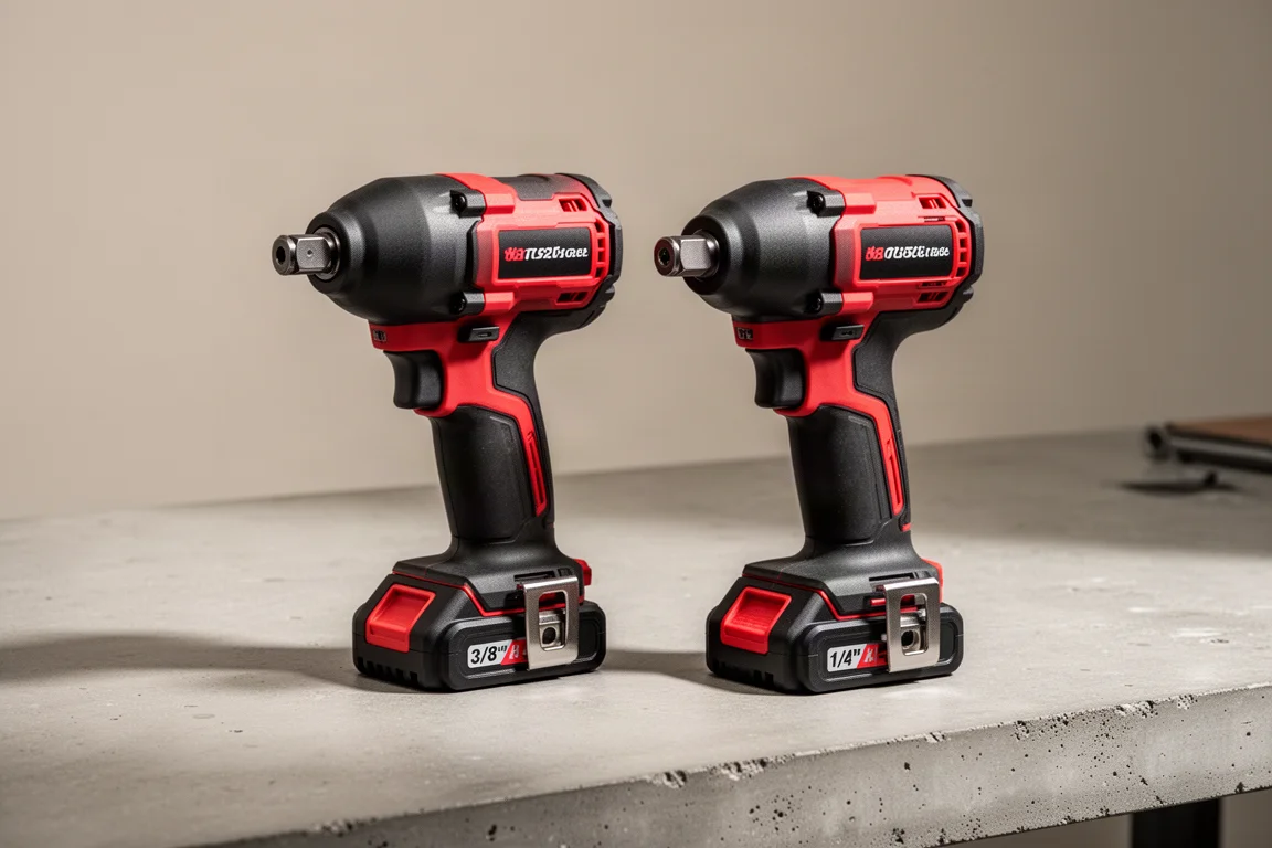 Two Milwaukee M12 subcompact impact wrenches side by side on a workbench