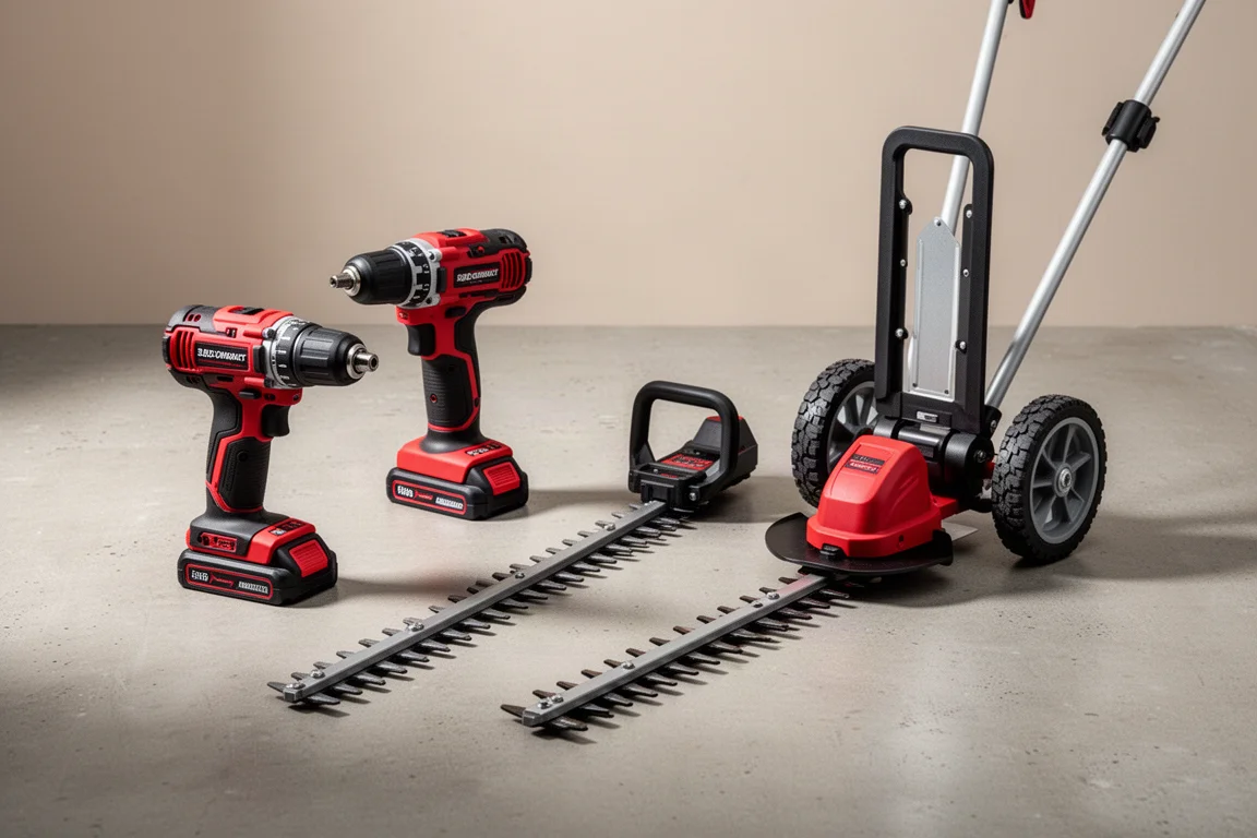 Compact cordless drill, impact driver, hedge trimmer, and edger grouped on a concrete surface