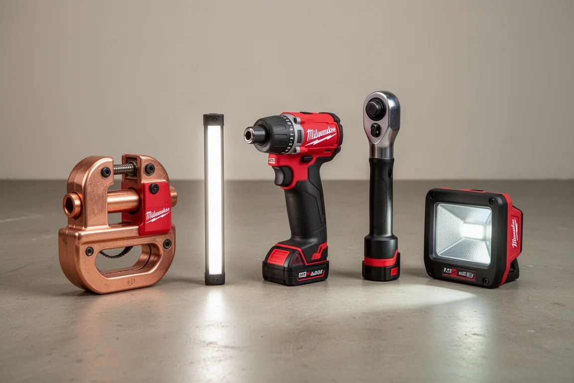 Five compact M12 power tools arranged in a row on a concrete workshop floor