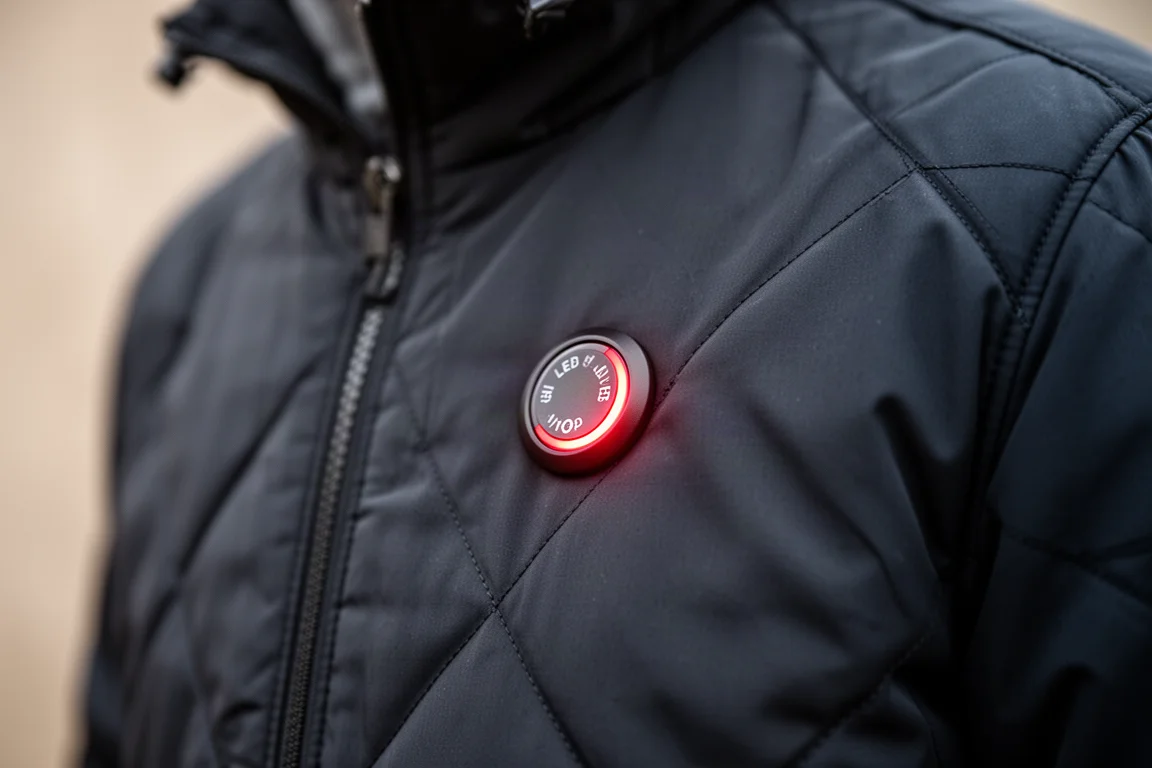 Primo piano del pannello di controllo di una giacca riscaldata con indicatore LED dei livelli di calore