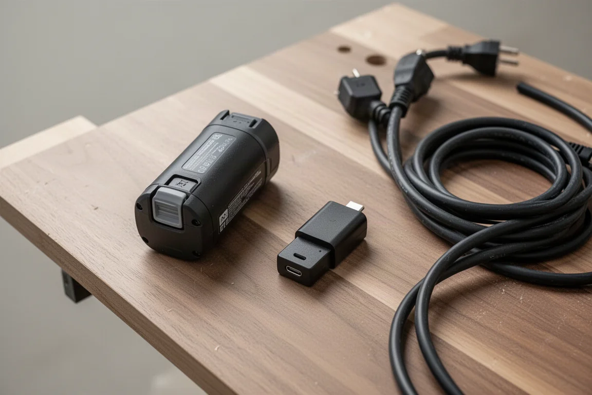Pacchetto batteria e adattatore di ricarica disposti su una panca di lavoro in legno