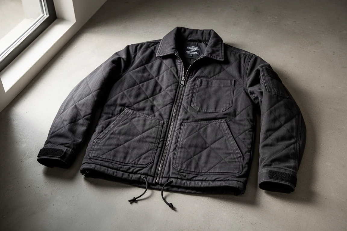 Heavy quilted heated work jacket laid on a matte concrete surface