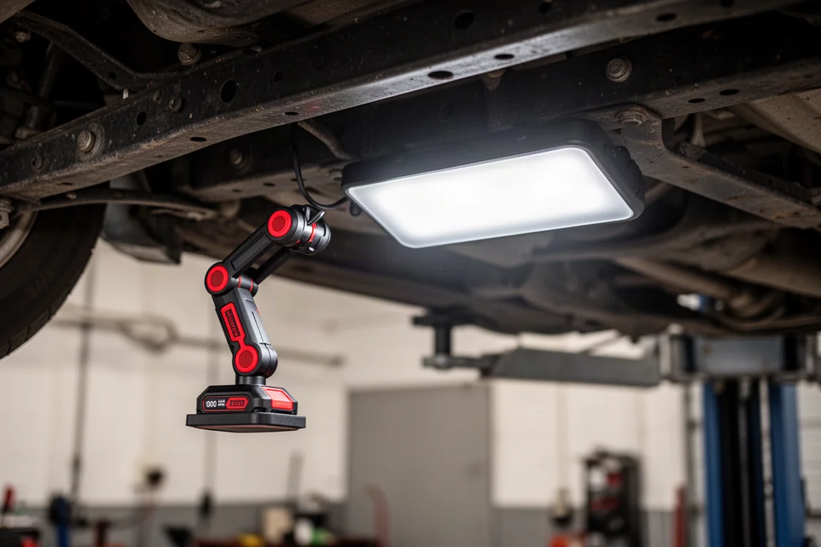 Luz de trabajo magnética sujeta al chasis de un vehículo debajo de un coche, proyectando una luz brillante y uniforme