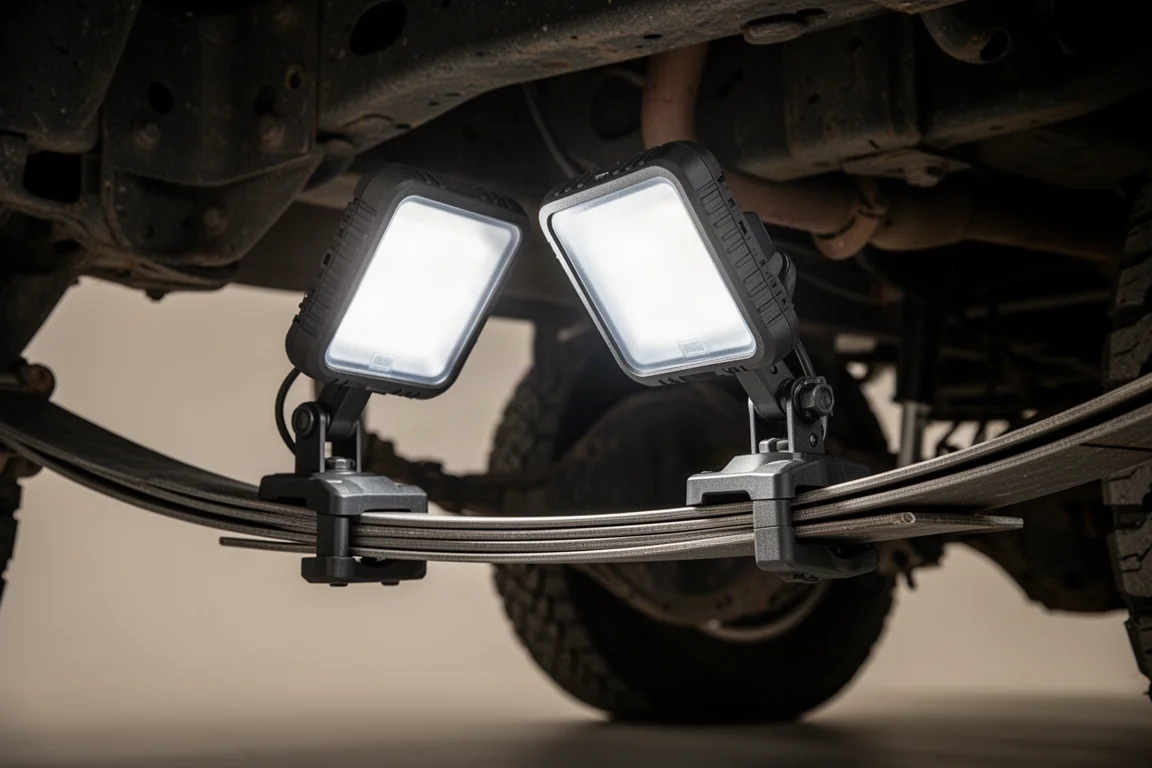 Base magnética de la luz de trabajo sujeta a un resorte metálico debajo de una camioneta