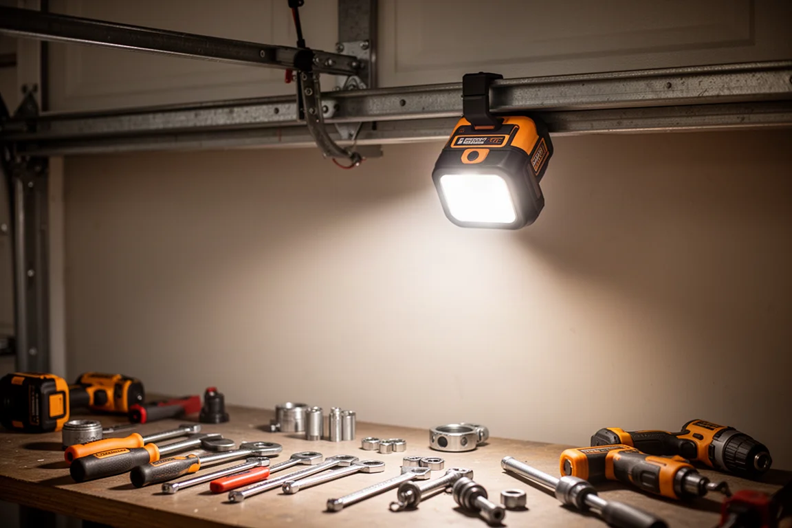 Persona trabajando en un proyecto doméstico en un garaje oscuro iluminado por una luz de trabajo magnética