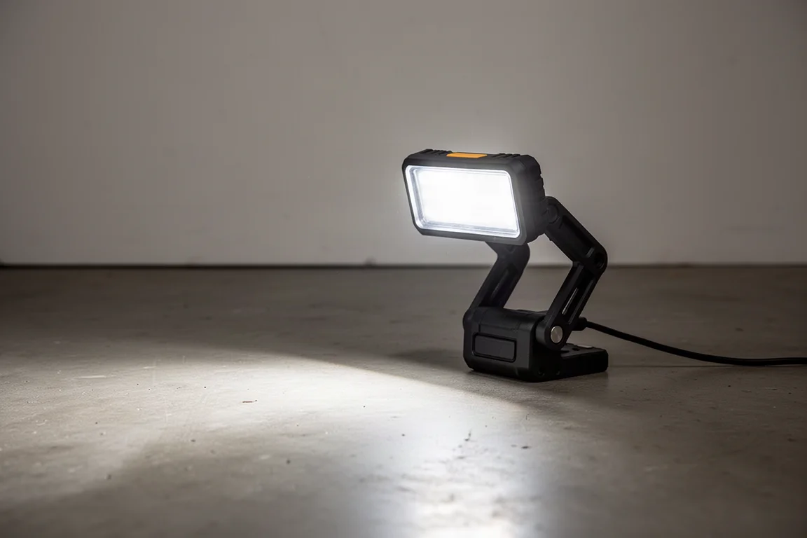 Kompaktowa lampa warsztatowa LED z magnetyczną podstawą na podłodze warsztatu