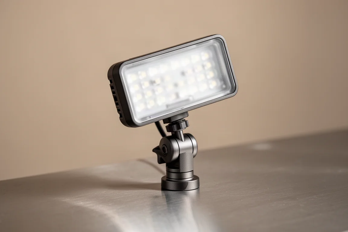 Głowica lampy LED obracająca się na ramieniu montażowym, ujęcie z bliska