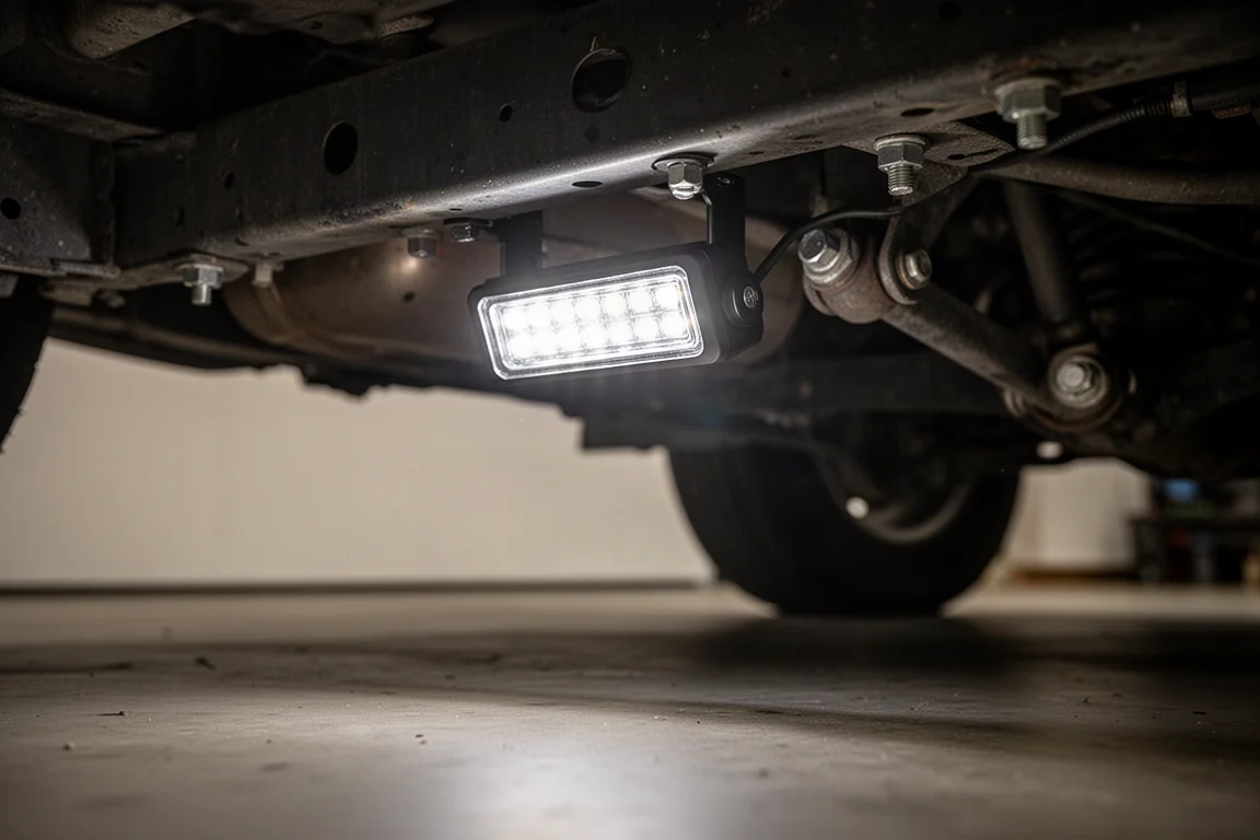 Mechanik leżący pod pojazdem sięgający po magnetyczną lampę warsztatową
