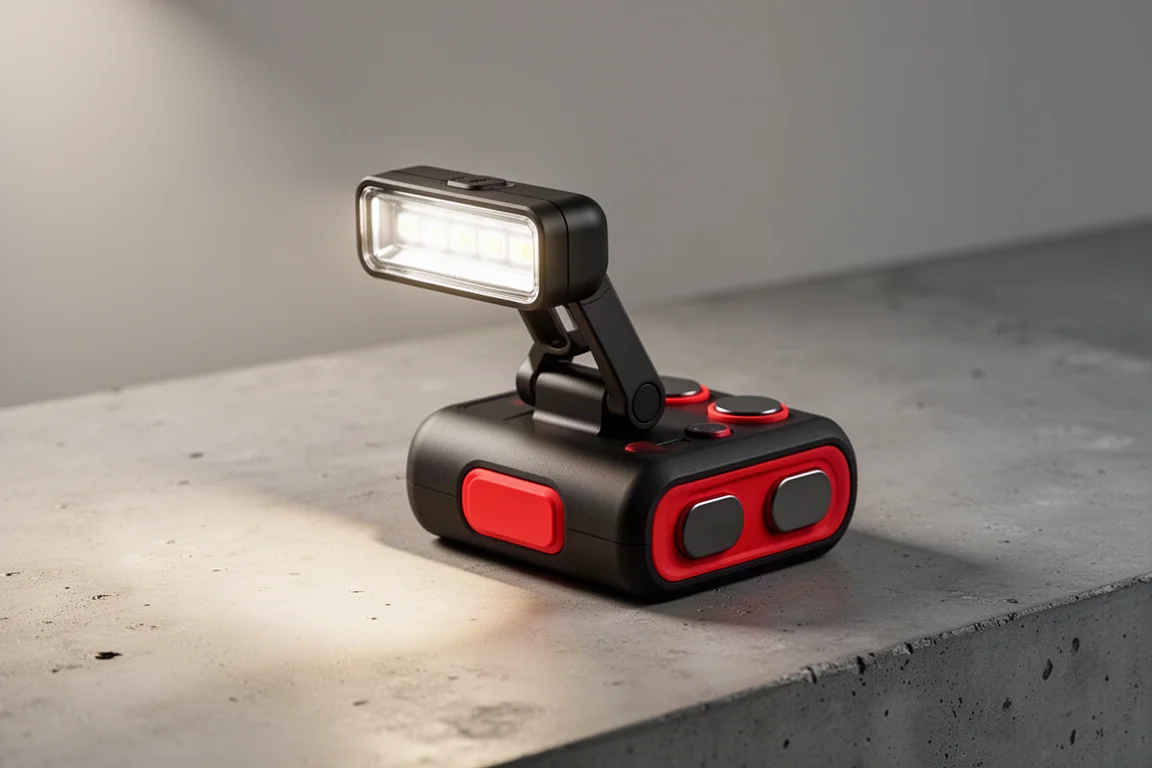 Compact magnetic LED underbody work light on a concrete surface