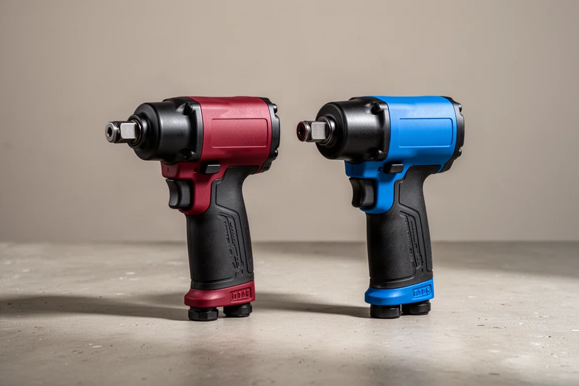 Two compact right angle impact wrenches side by side on a concrete surface