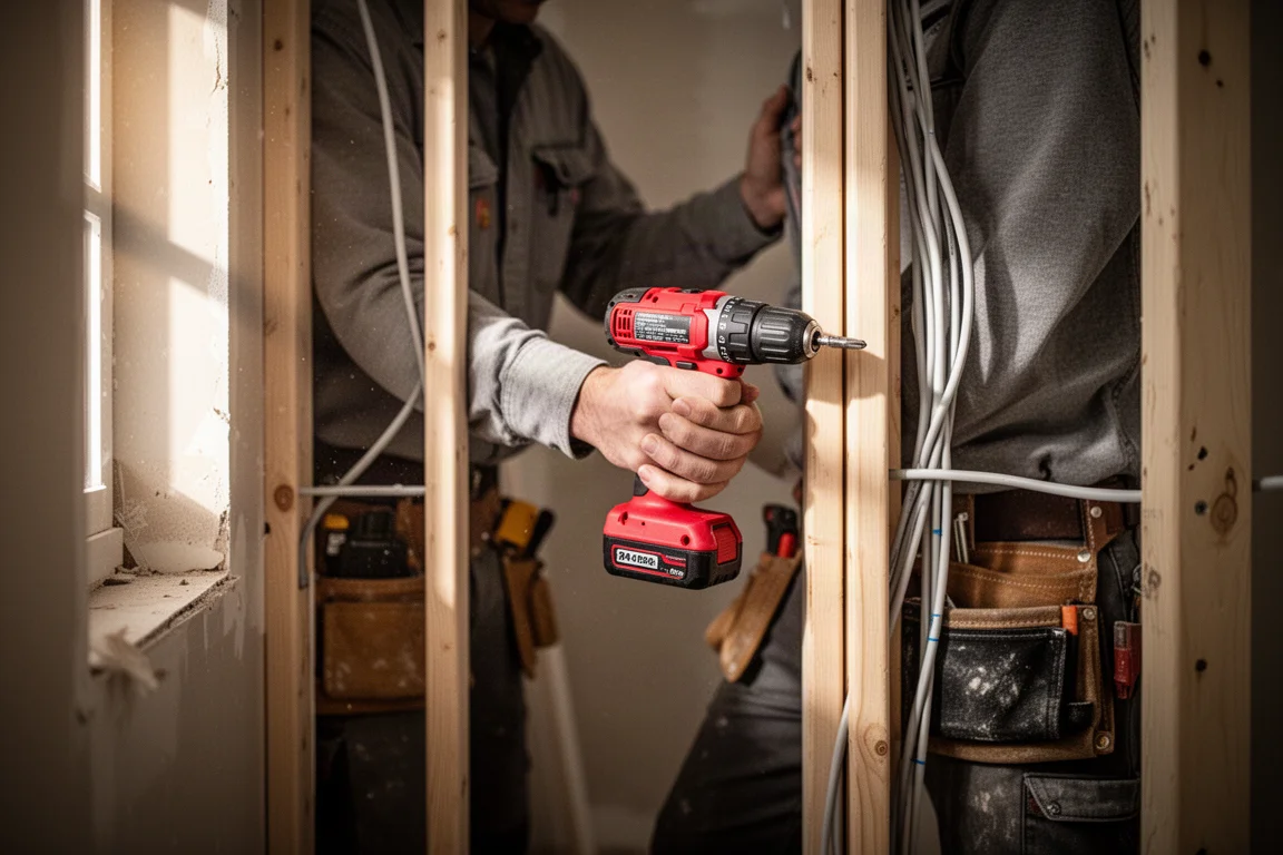 Trade professional working with a compact cordless drill in a tight indoor space