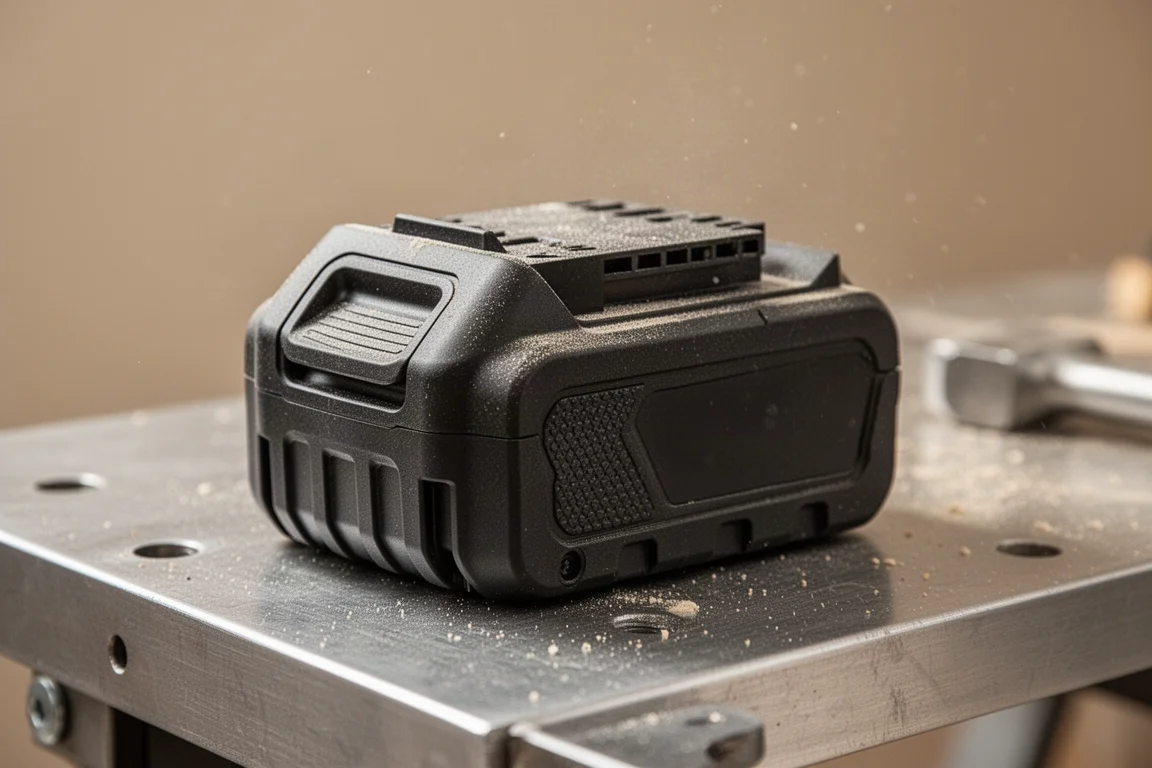 Rubber overmolded battery pack resting on a workshop bench