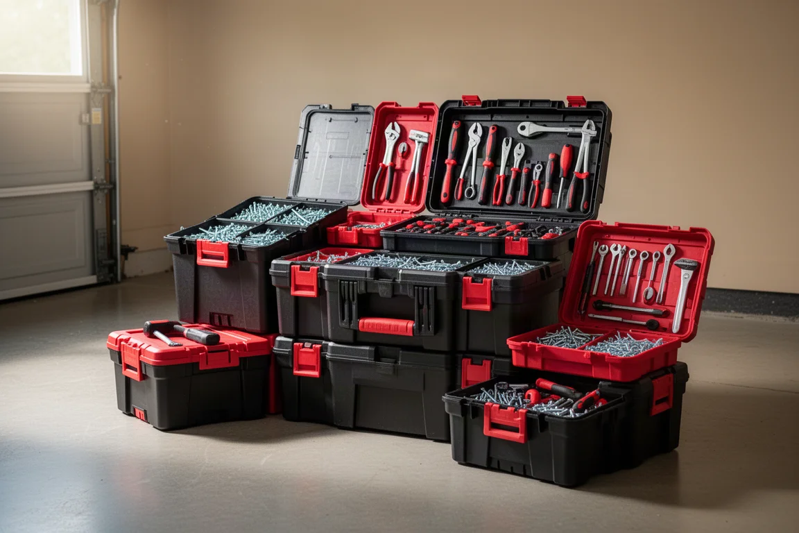 Open tool storage boxes stacked on a workshop floor