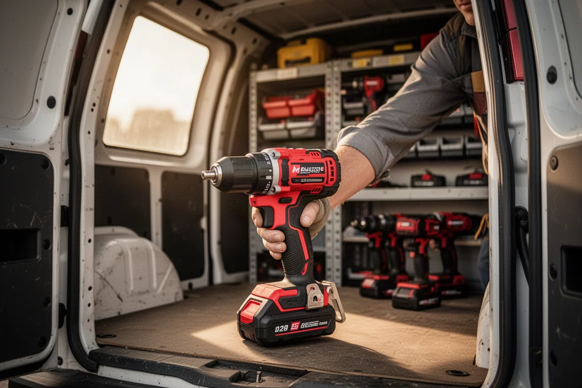 Contractor lifting a full-size cordless tool from a work van