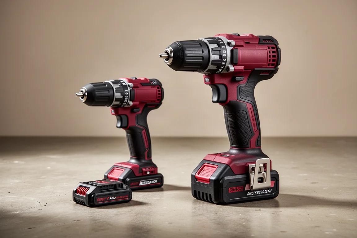Milwaukee M12 and M18 cordless drills side by side on a concrete surface