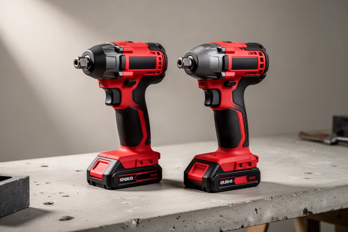 Two compact cordless impact drivers side by side on a concrete workbench
