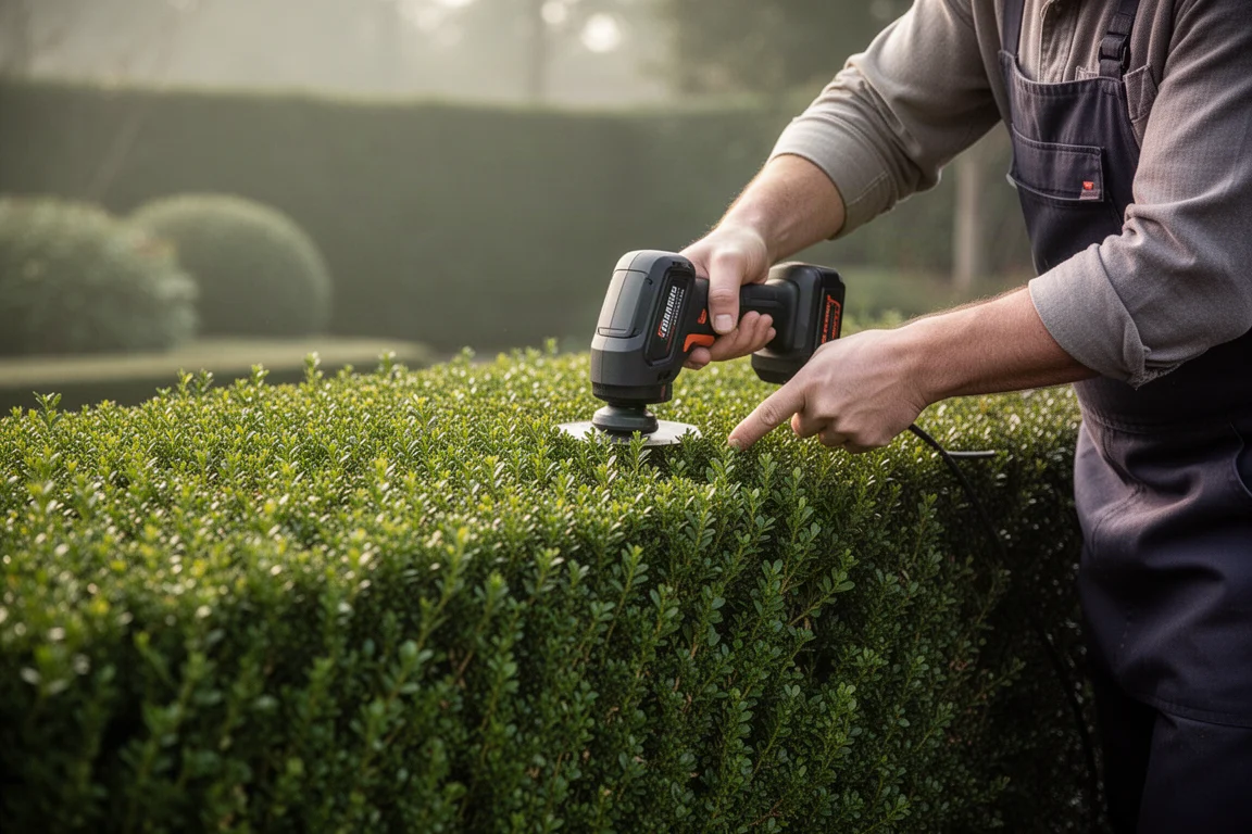 Jardineiro modelando uma cerca de buxo com passadas de escultura