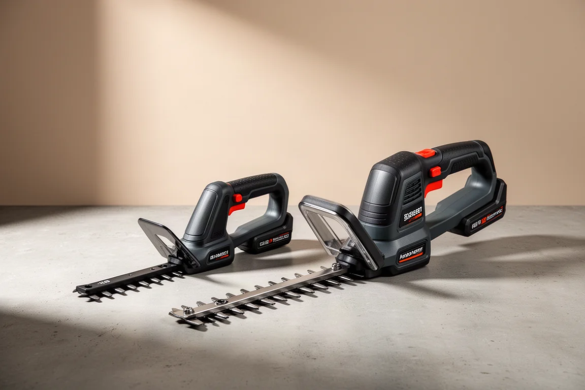 Compact one-handed hedge trimmer next to a full-size 18V hedge trimmer on concrete