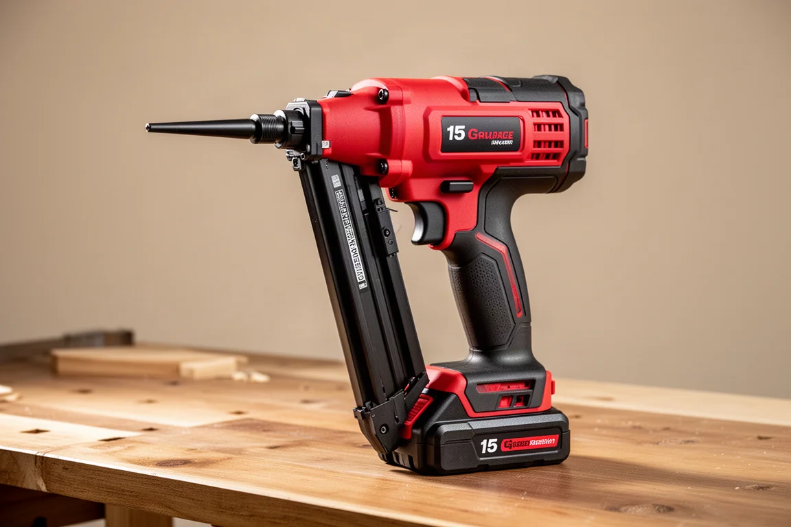 Cordless finish nailer standing upright on a wood workbench
